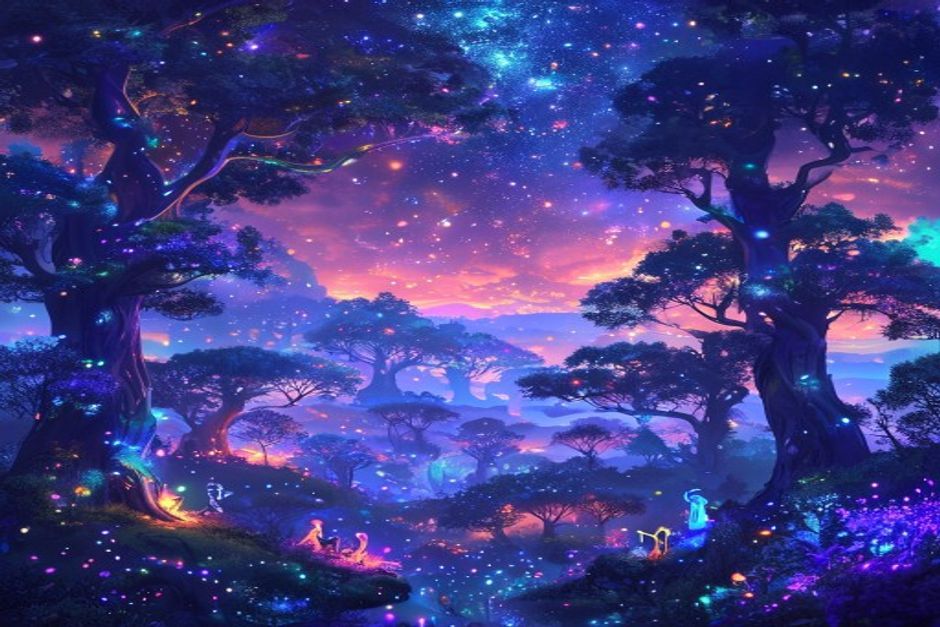 A beautiful illustration of Aetheria's mystical Glimmerwood Forest with glowing trees and ethereal creatures.