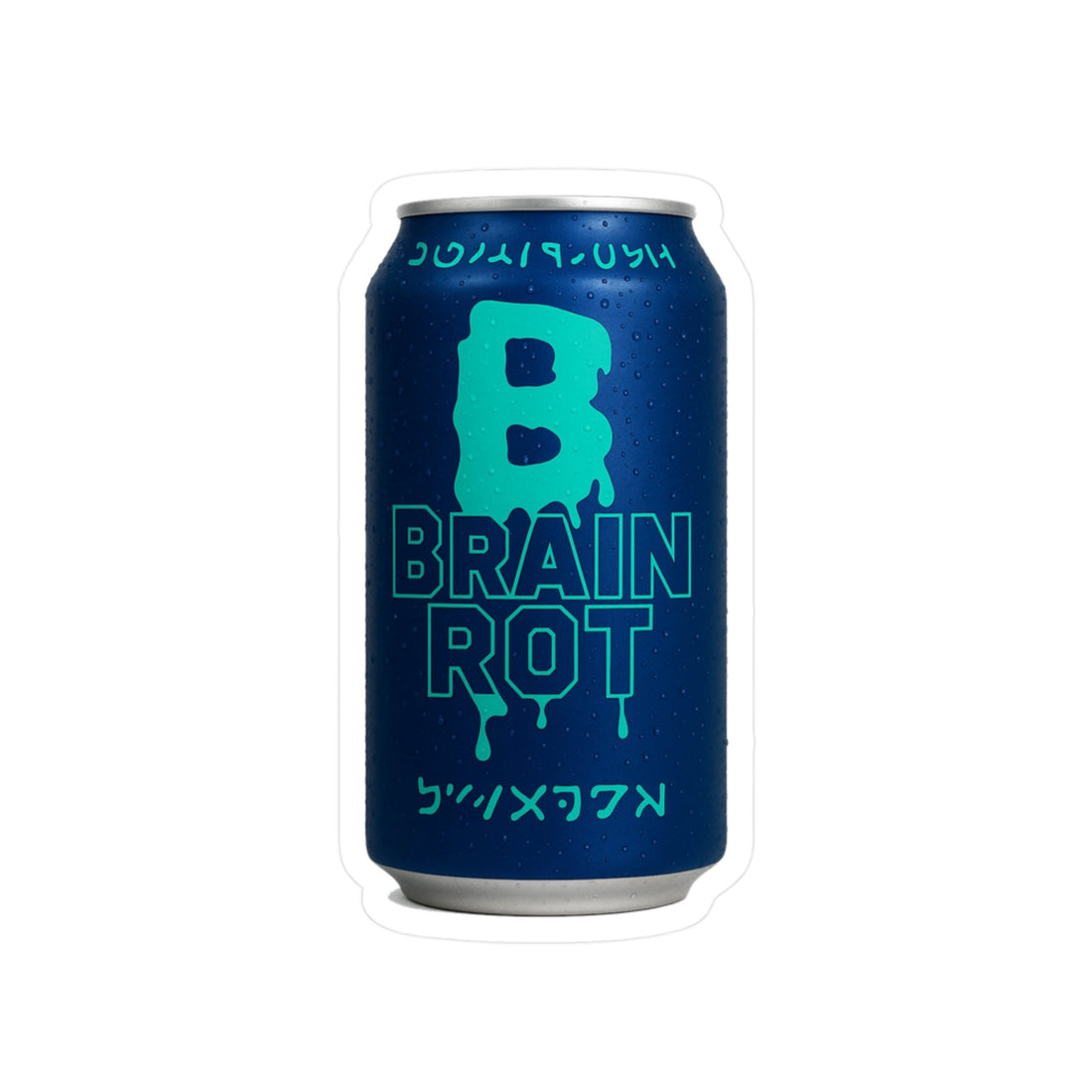Brain Rot Energy Drink Can Kiss-Cut Vinyl Decal on a navy background with teal lettering and drips.