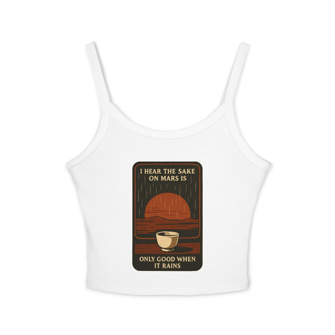 Sake on Mars Crop Tank featuring a retro tea cup graphic and spaghetti straps