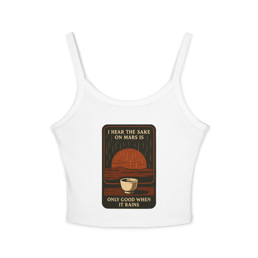 Sake on Mars Crop Tank featuring a retro tea cup graphic and spaghetti straps