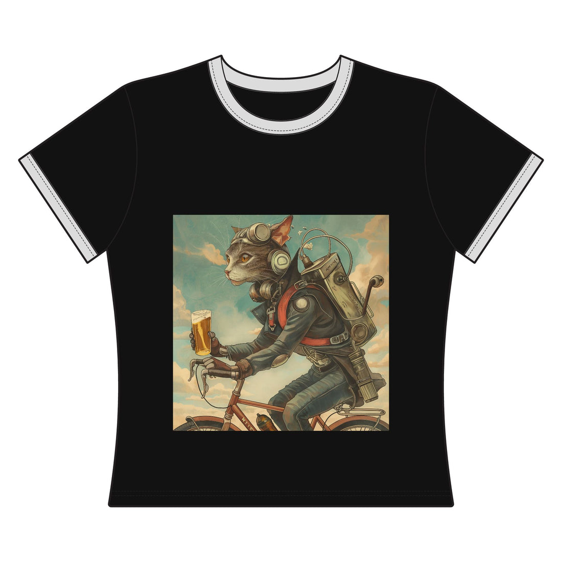 Cropped ringer tee featuring a whimsical steampunk cat in biker gear with a beer graphic.