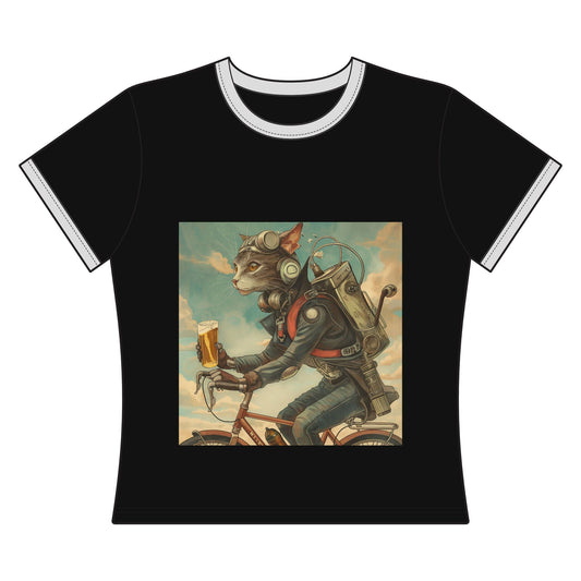 A cropped ringer tee featuring a whimsical biker cat design in vintage steampunk style.