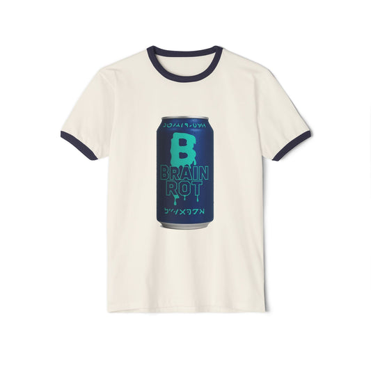 Brain Rot Ringer T-Shirt featuring a retro 'Brain Rot' soda can graphic with contrasting collar and sleeve bands.