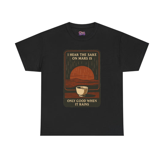 Sake on Mars graphic t-shirt with a retro design featuring a sunset and a sake cup
