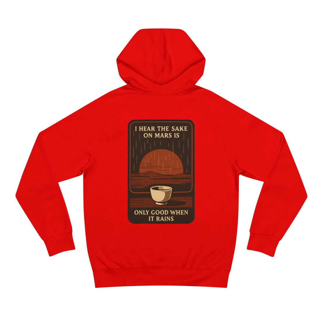 Mars Sake Hoodie with retro space design featuring a cup and Martian horizon