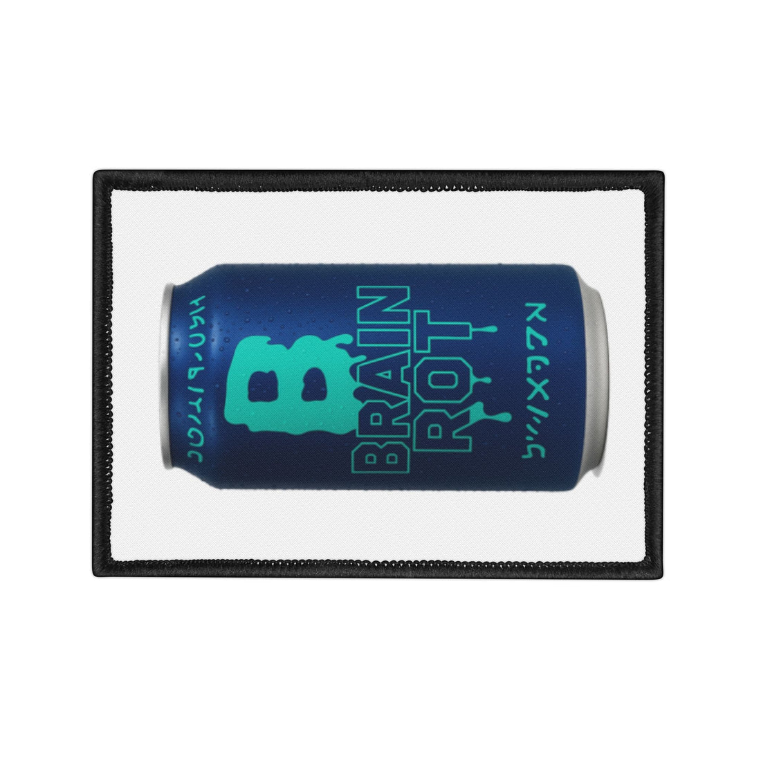 Brain Rot Soda Can patch with pixel-style design and black stitched edges