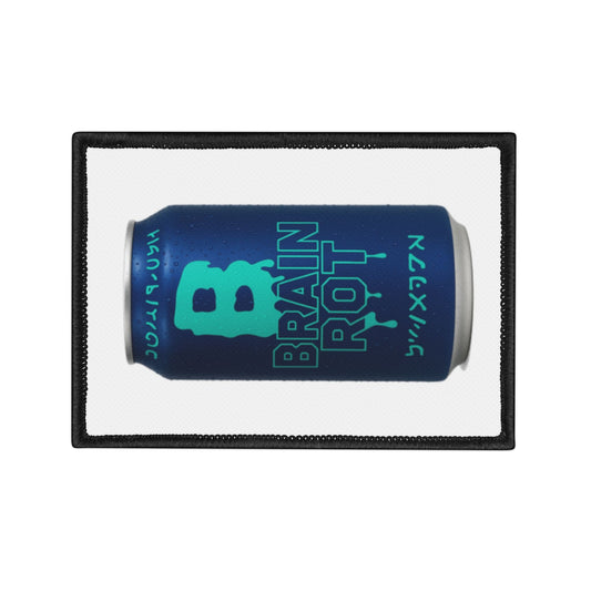 Brain Rot Soda Can Iron-On Patch with blue beverage can graphic and black stitched edges