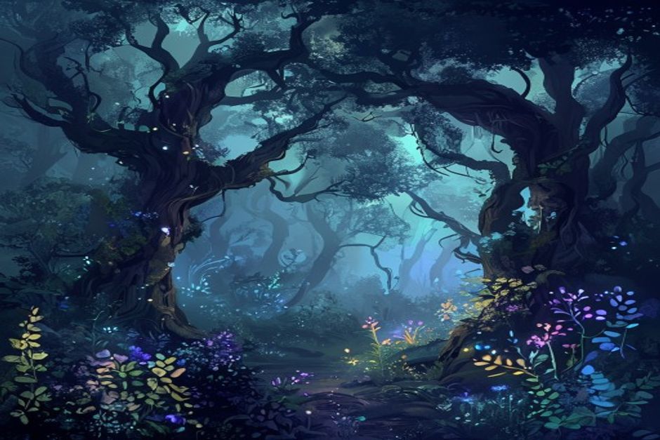 A vibrant enchanted forest with glowing flora and mythical creatures