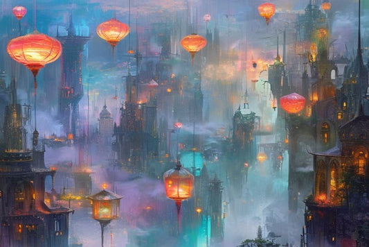 A dream-like cityscape of Wyldreach with ethereal architecture and floating lanterns.