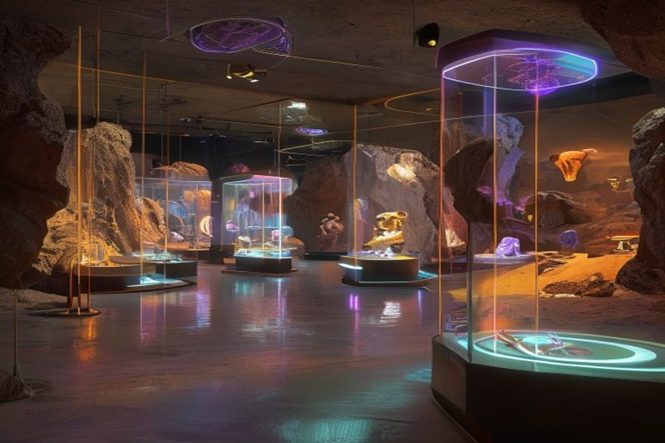 A retro-futuristic exhibit showcasing Mars colony artifacts with a surreal ambiance.