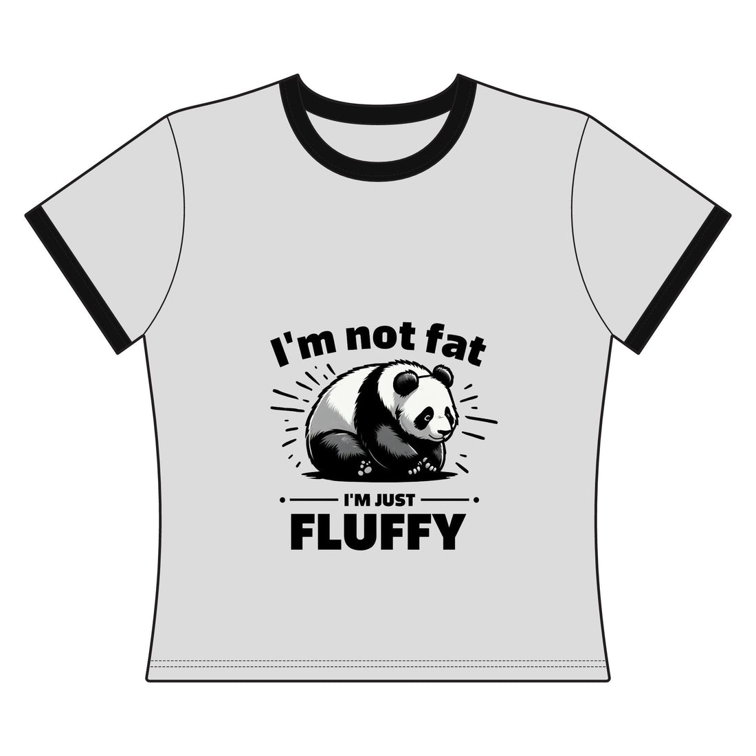 I’m Fluffy Women’s Ringer Tee featuring a cute illustrated panda above a playful slogan with contrast collar and sleeve trim.