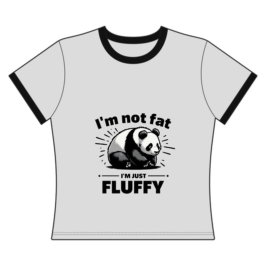 I’m Fluffy Women’s Ringer Tee featuring a cute illustrated panda above a playful slogan with contrast collar and sleeve trim.