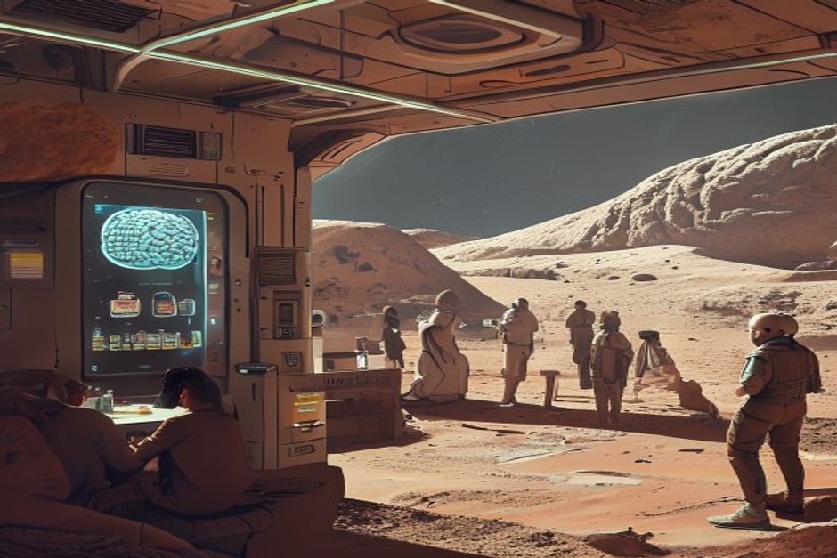 Interior of a Martian colony featuring a Brain Rot Beverage Unit.