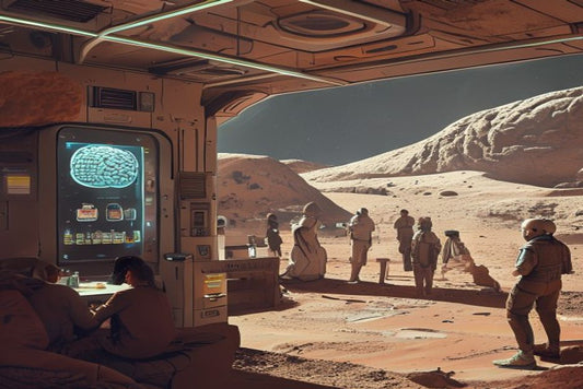Interior of a Martian colony featuring a Brain Rot Beverage Unit.