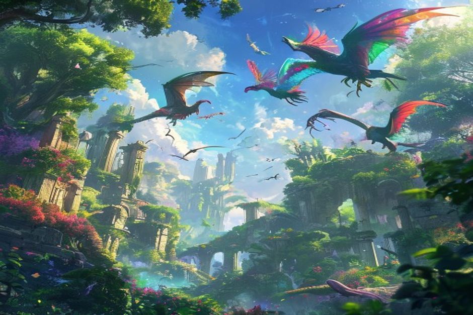 A mystical landscape of Lysoria featuring Elder Drakes soaring over lush forests.