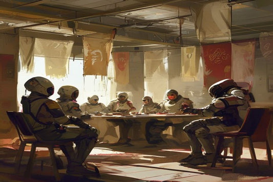 Workers participating in the Break Room Endurance Ritual surrounded by transforming banners.