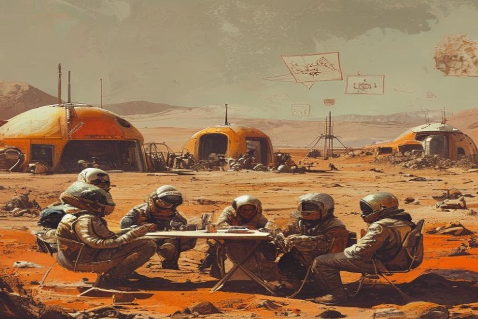 An illustration depicting a Martian landscape with colonists sharing absurd jokes around a makeshift table adorned with quirky artifacts.