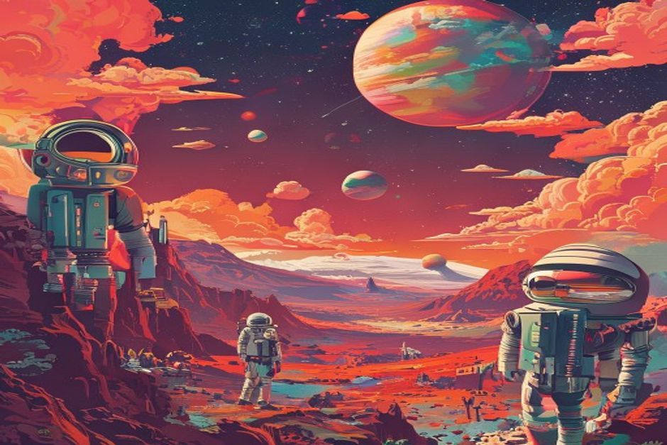 A retro-futuristic recruitment poster for Mars migration, featuring surreal elements and vibrant Martian landscapes.