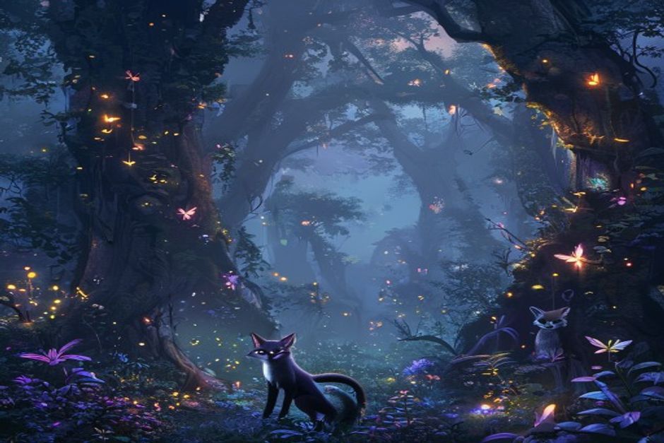 An enchanted forest with bioluminescent flora and mythical creatures