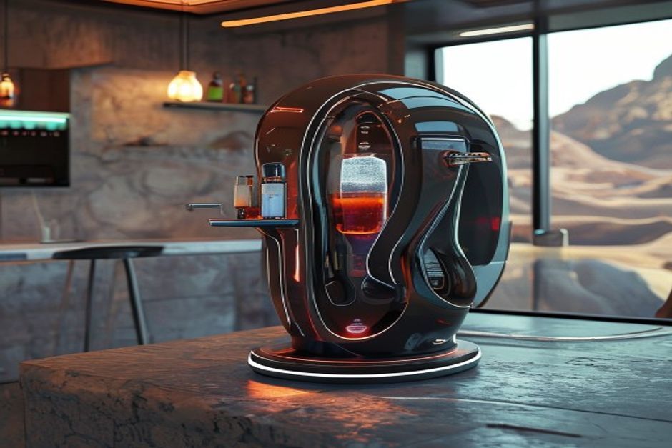 A sleek, futuristic beverage dispenser associated with the Brain Rot Regulation System.