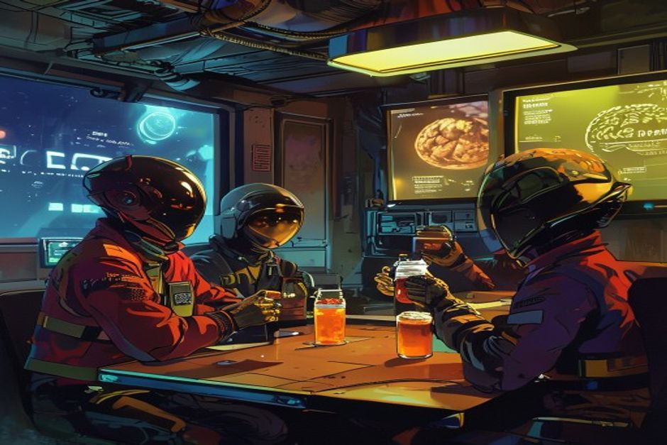 Martian workers engaged in the Break Room Endurance Ritual, consuming Brain Rot beverage units.