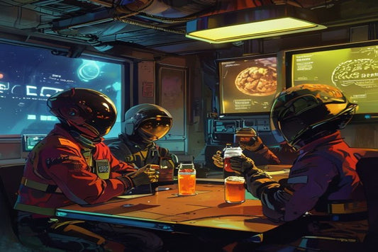 Martian workers engaged in the Break Room Endurance Ritual, consuming Brain Rot beverage units.