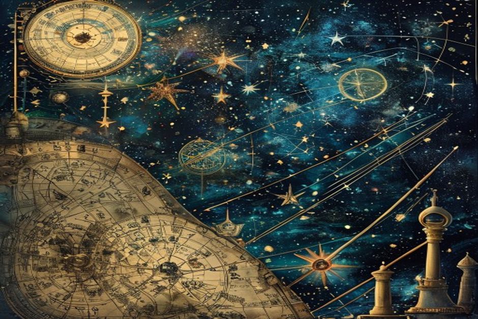 A mystical representation of Astral Cartography depicting ancient star maps and celestial instruments.
