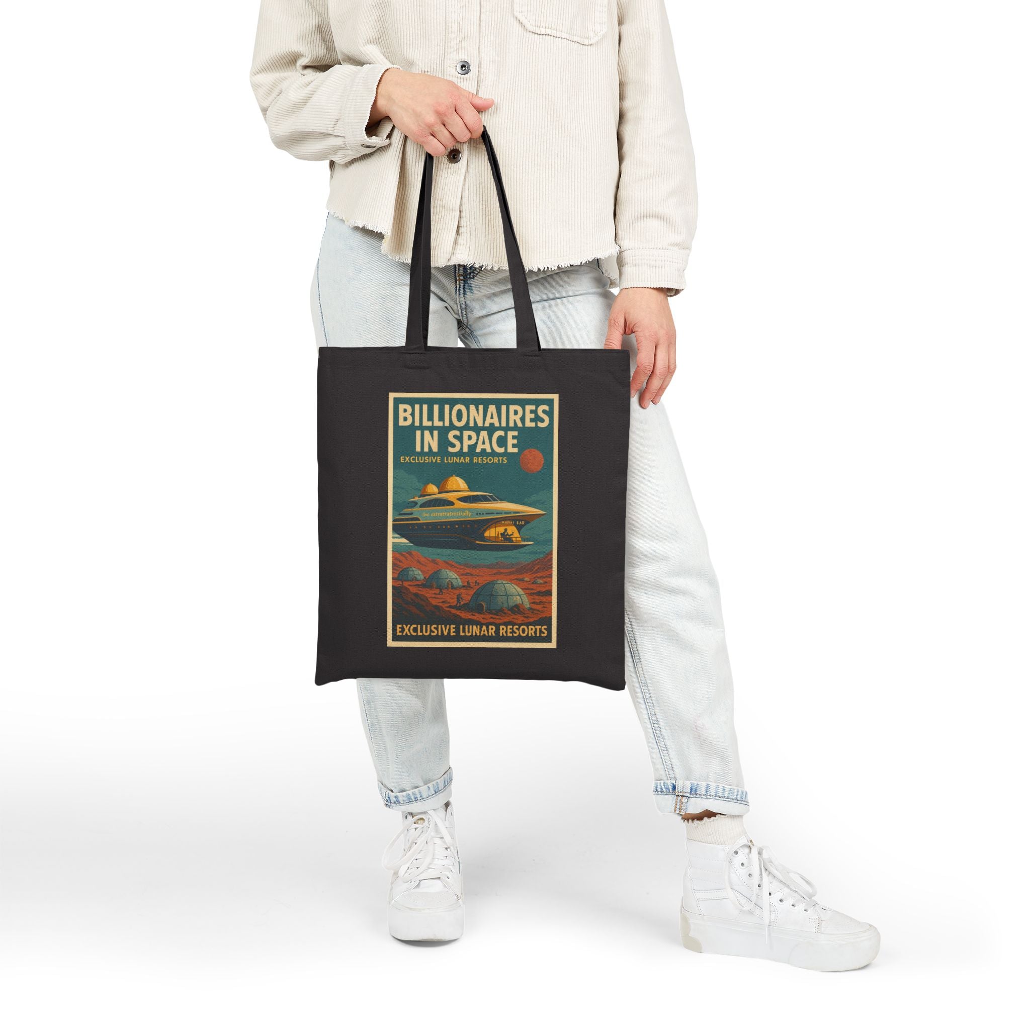 Vintage-Inspired Billionaires in Space Cotton Canvas Tote Bag, Eco-Friendly Shopping Bag, Gift for Space Enthusiasts, Reusable Tote