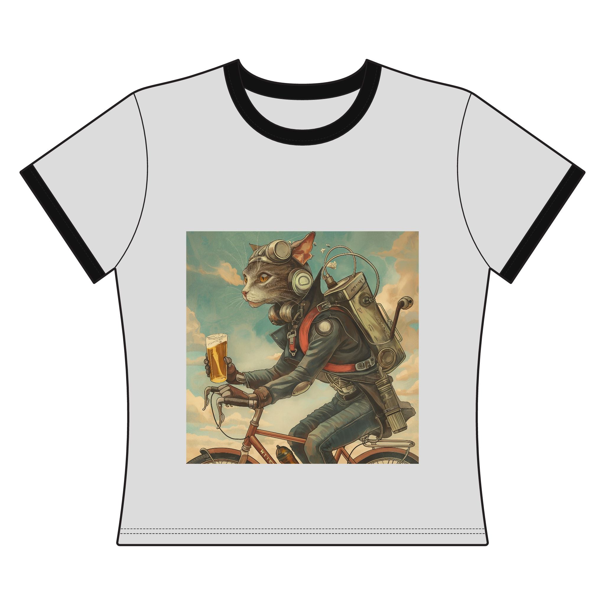 Cat Bike Robot Ringer Tee – Vintage Steampunk Cat with Beer Graphic