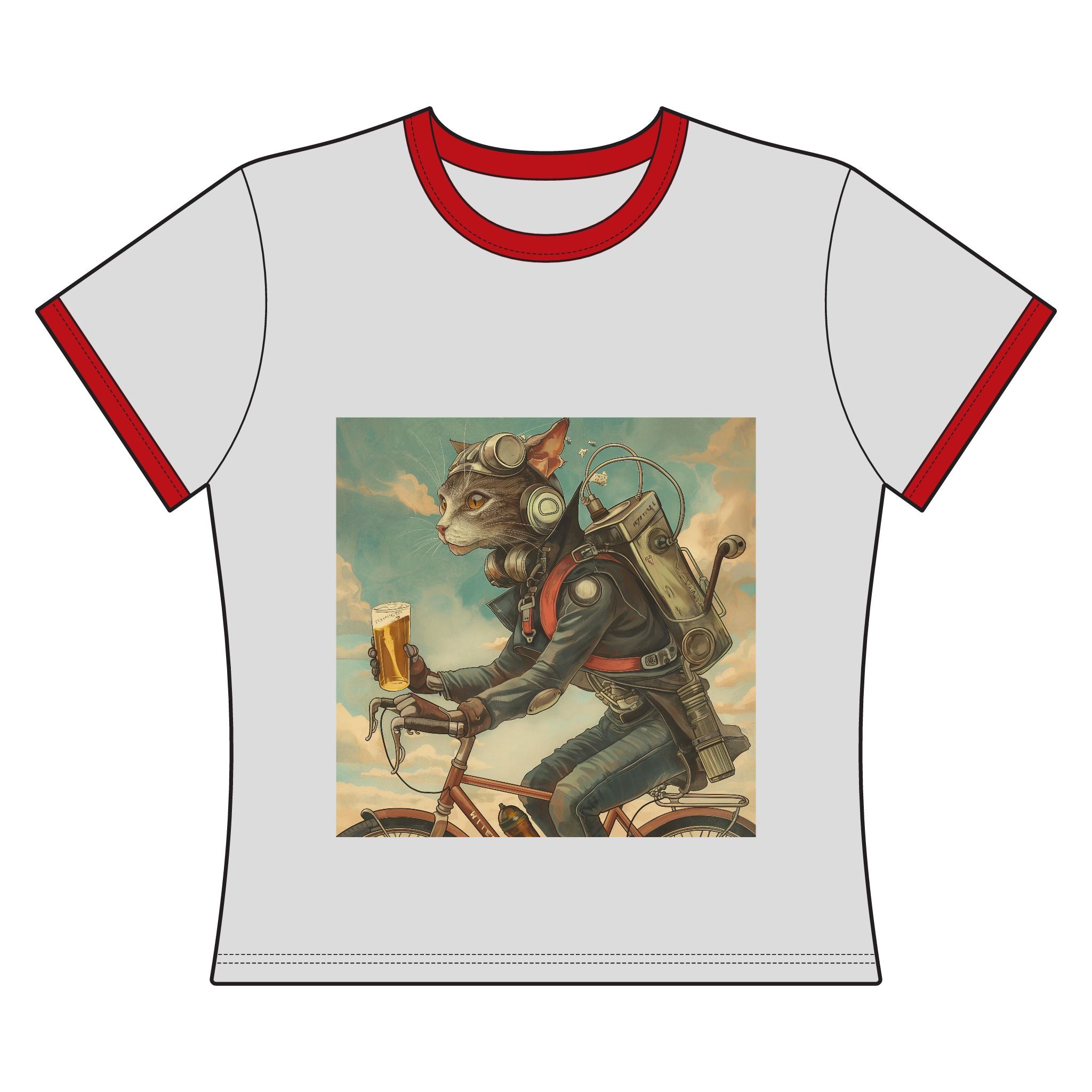 Cat Bike Robot Ringer Tee – Vintage Steampunk Cat with Beer Graphic
