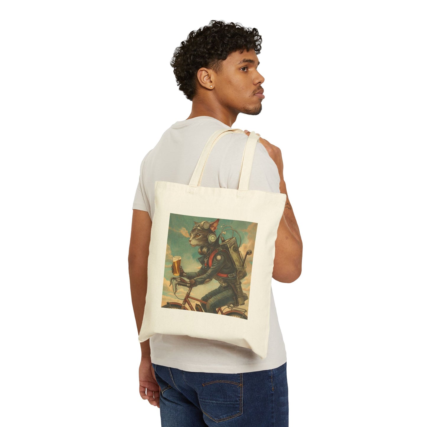 Cat Robot Bike Cotton Canvas Tote Bag