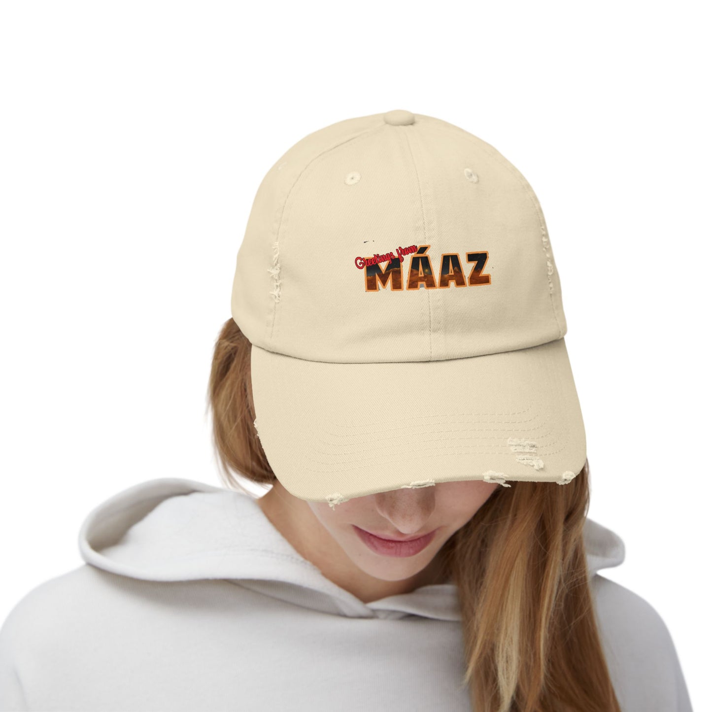 Greetings from Máaz Unisex Distressed Cap