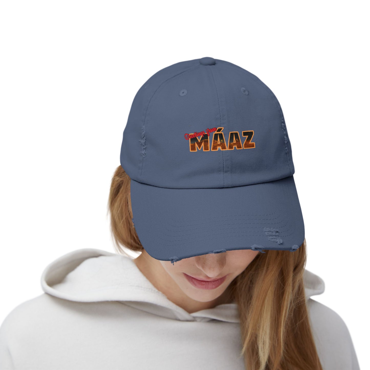 Greetings from Máaz Unisex Distressed Cap