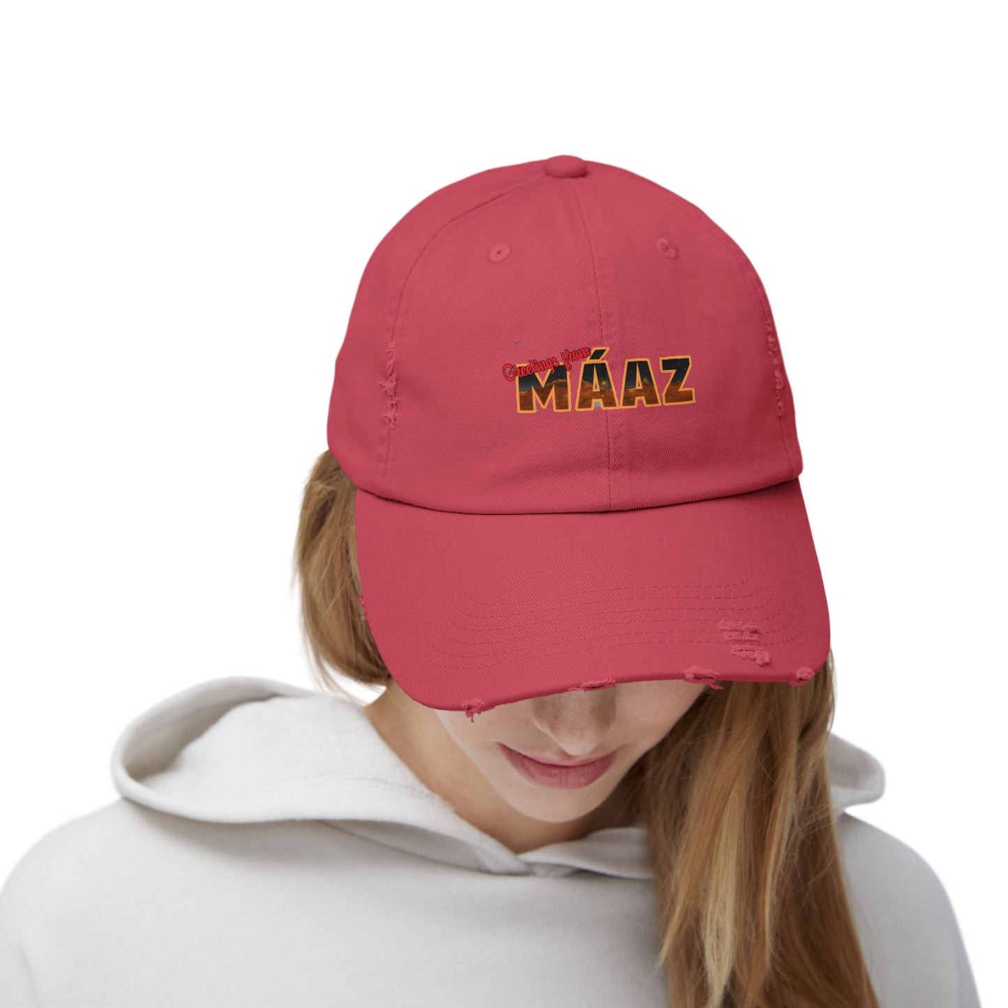 Greetings from Máaz Unisex Distressed Cap