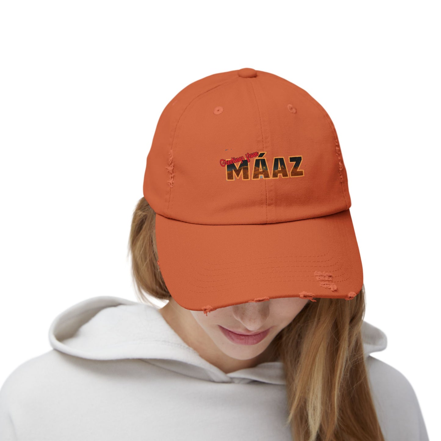 Greetings from Máaz Unisex Distressed Cap