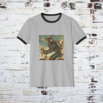 Cat Robot Bike Ride Unisex Cotton Ringer T-Shirt