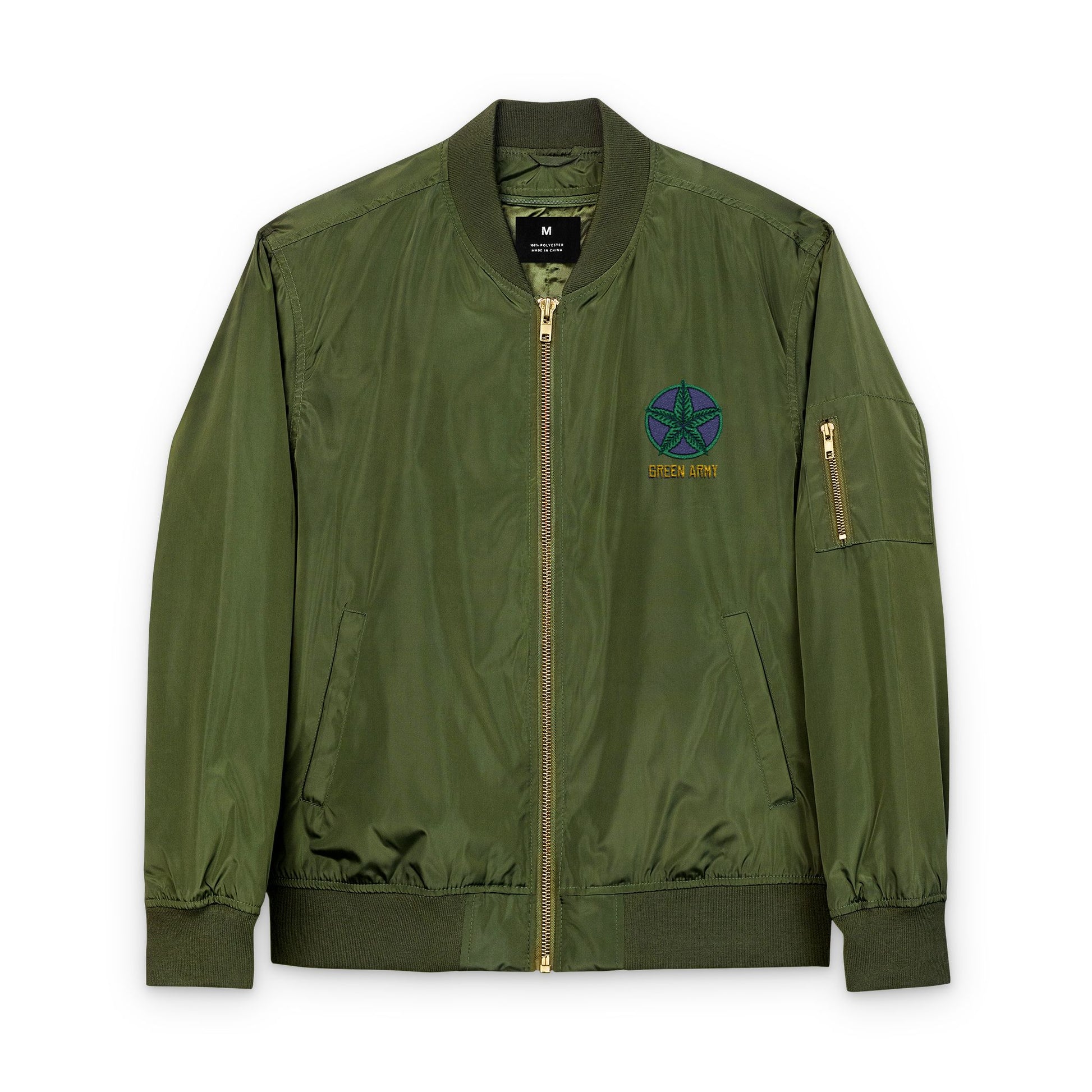 Green Army Star Embroidered Recycled Bomber Jacket - Eco-Friendly Style