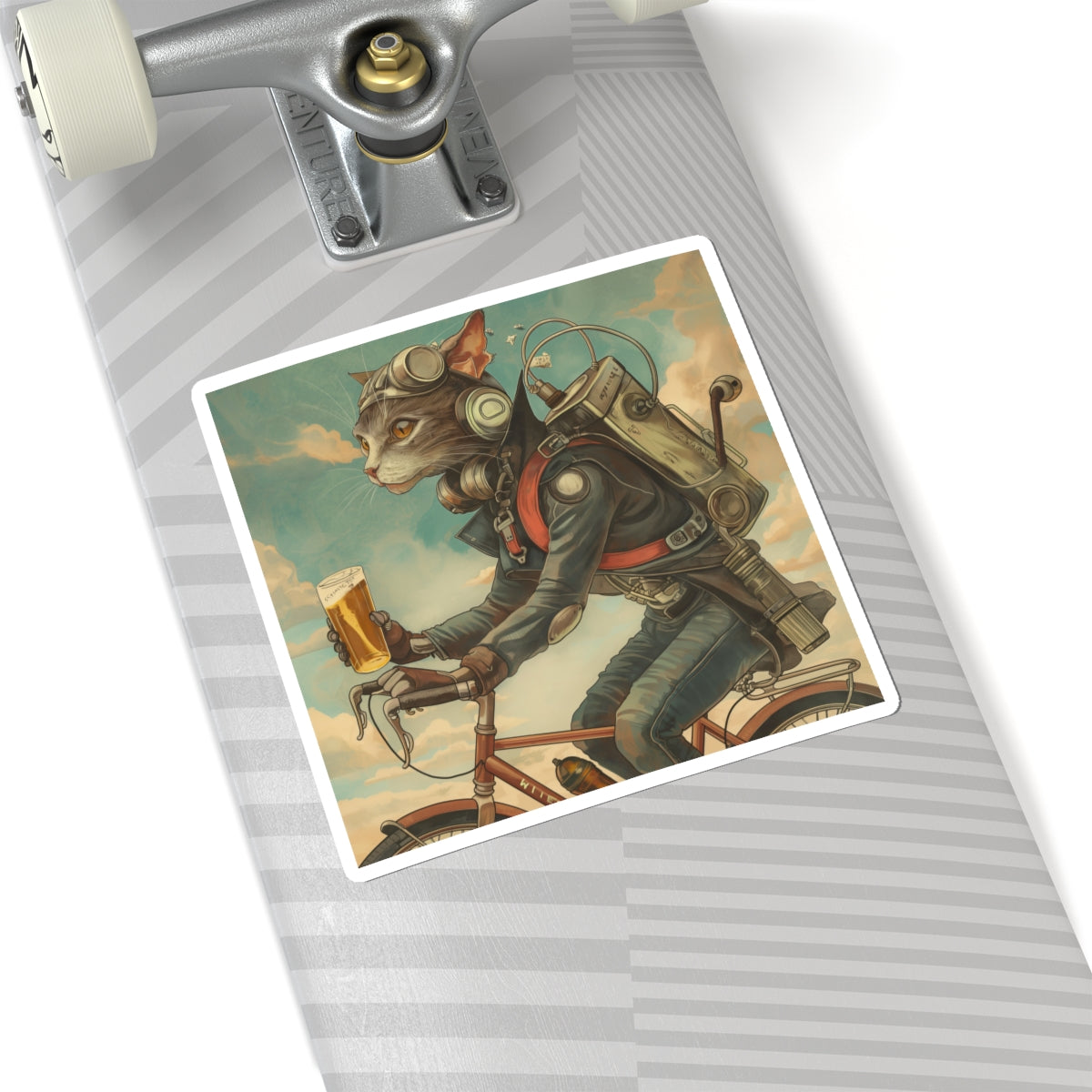 Bike Cat Robot Kiss-Cut Stickers, Whimsical Cat Art, Bike Riding Cat, Fun Gifts for Cat Lovers, Laptop Decor, Unique Stickers