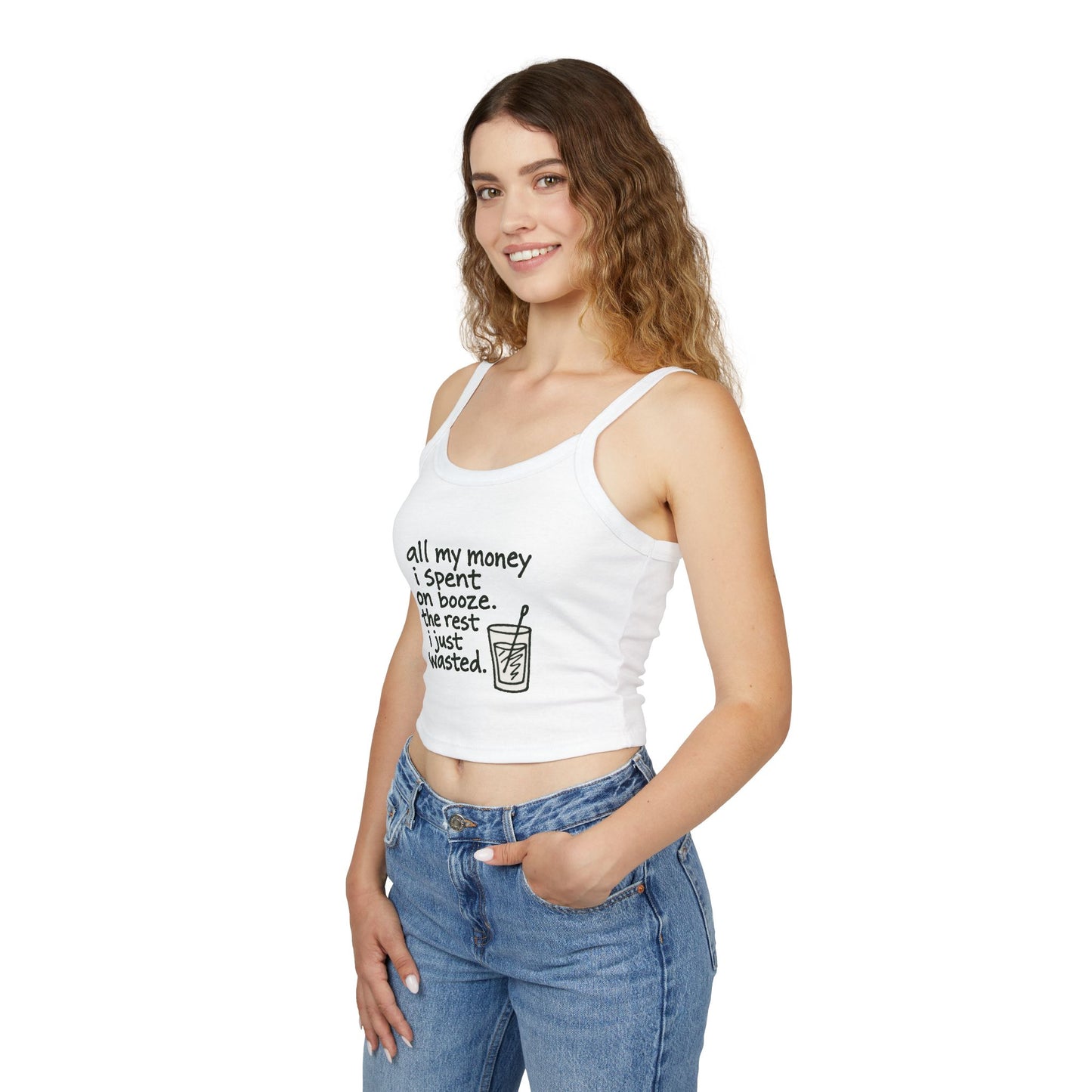 Wasted Booze Spaghetti Tank Top — "All My Money I Spent on Booze, The Rest I Just Wasted" Funny Drink Graphic