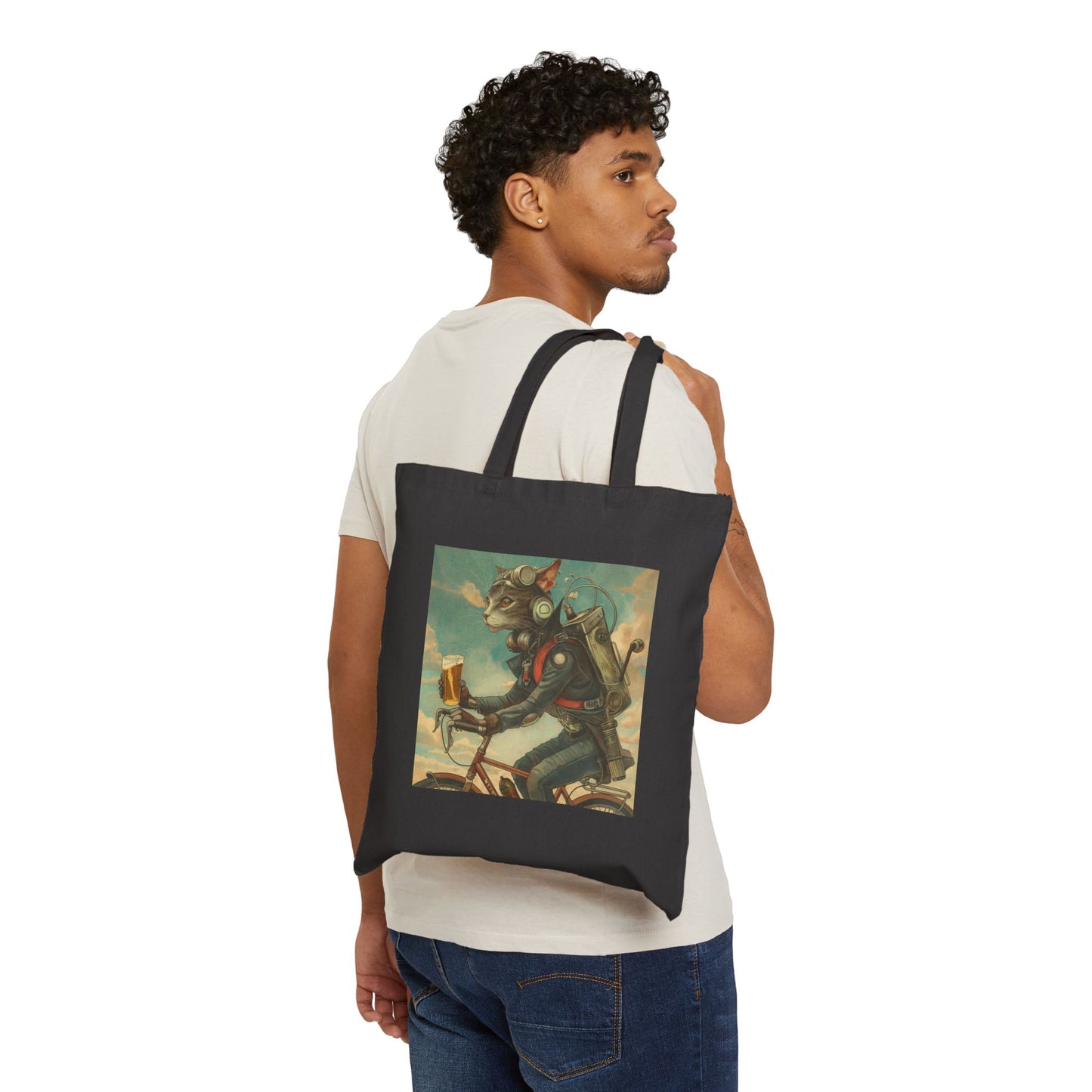 Cat Robot Bike Cotton Canvas Tote Bag