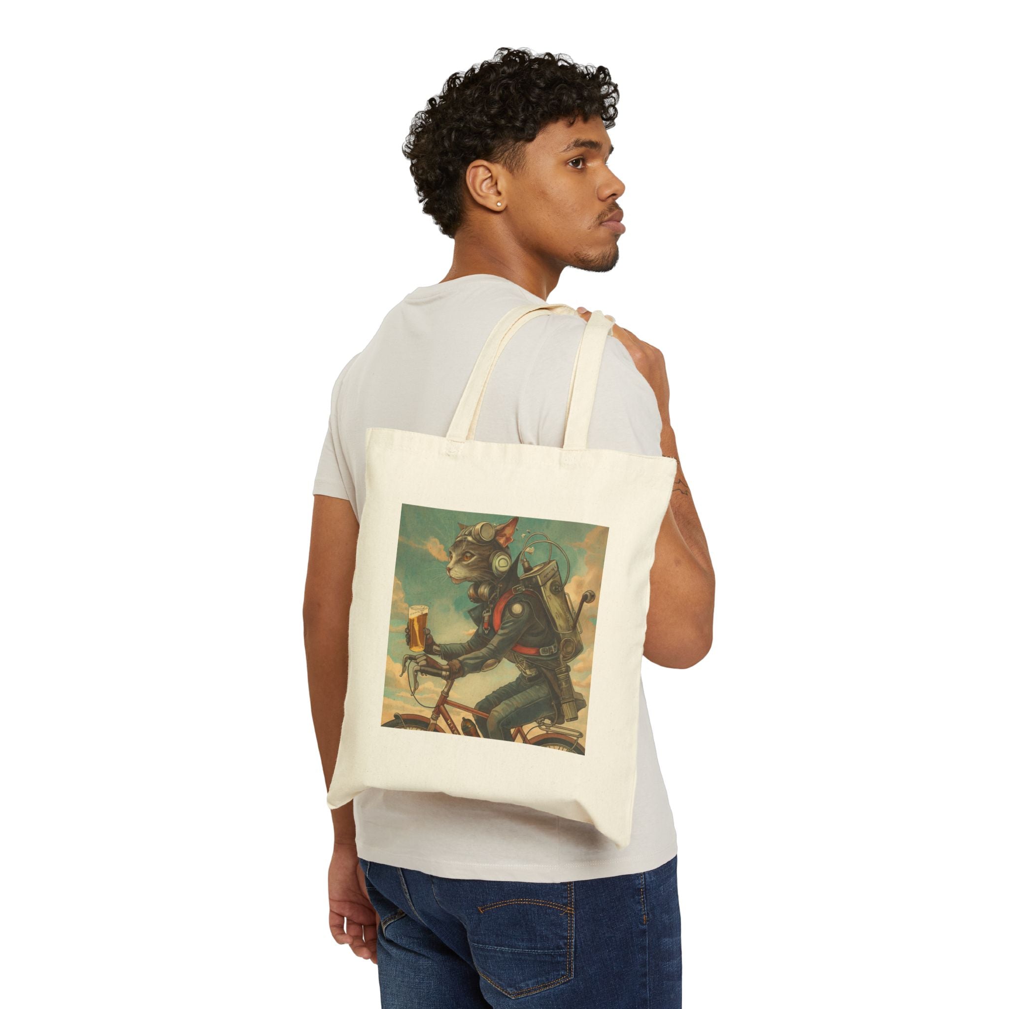 Cat Robot Bike Cotton Canvas Tote Bag