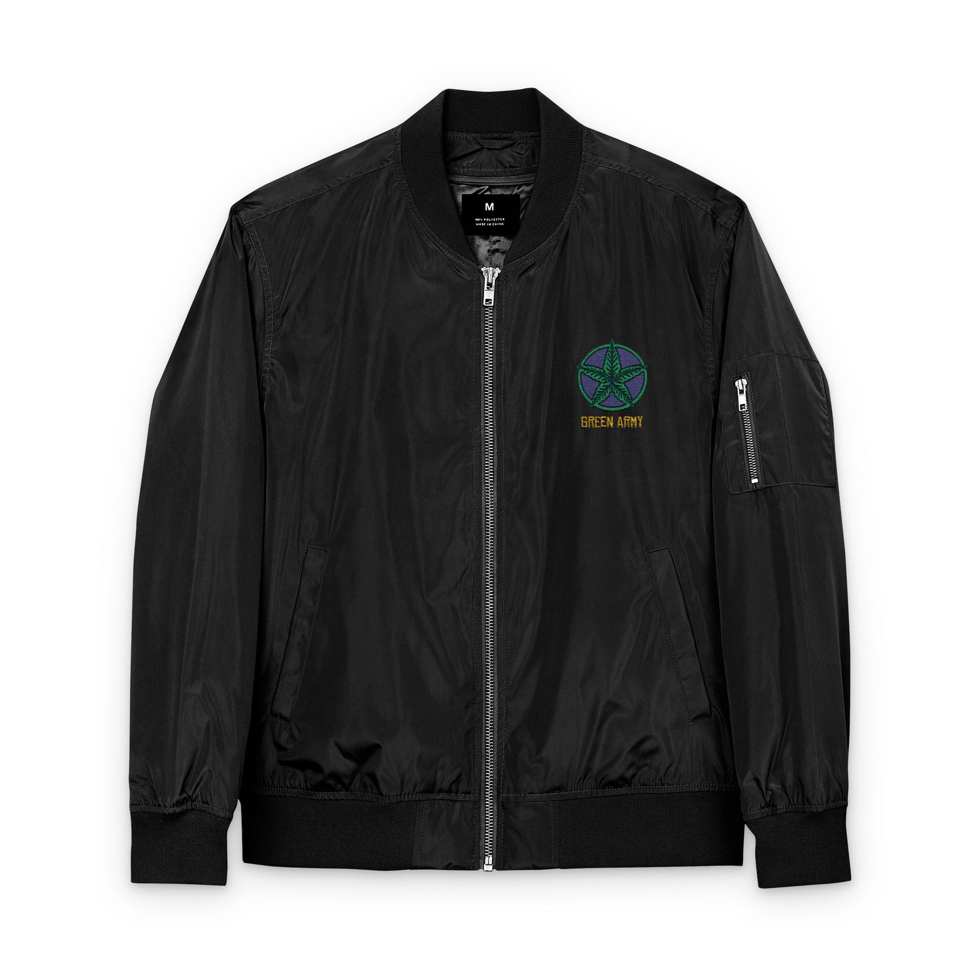 Green Army Star Embroidered Recycled Bomber Jacket - Eco-Friendly Style