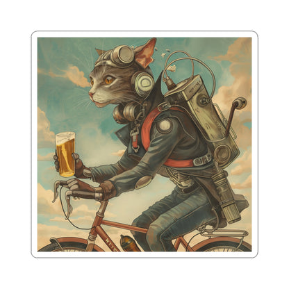 Bike Cat Robot Kiss-Cut Stickers, Whimsical Cat Art, Bike Riding Cat, Fun Gifts for Cat Lovers, Laptop Decor, Unique Stickers