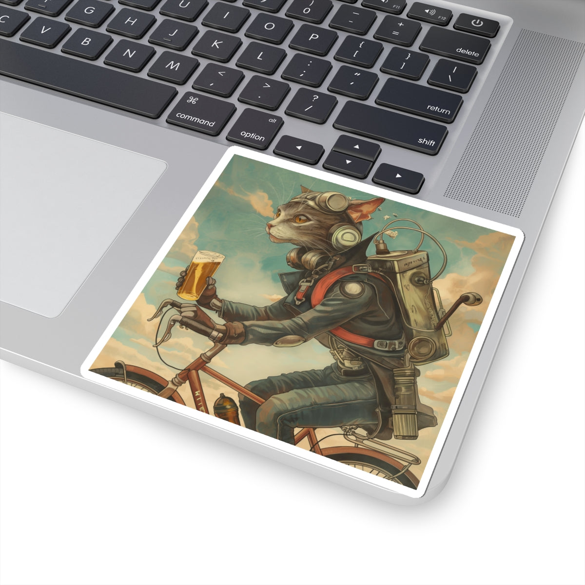 Bike Cat Robot Kiss-Cut Stickers, Whimsical Cat Art, Bike Riding Cat, Fun Gifts for Cat Lovers, Laptop Decor, Unique Stickers