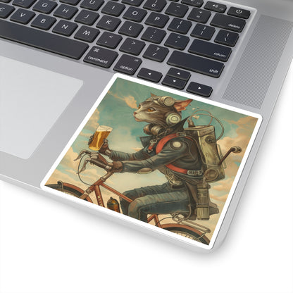 Bike Cat Robot Kiss-Cut Stickers, Whimsical Cat Art, Bike Riding Cat, Fun Gifts for Cat Lovers, Laptop Decor, Unique Stickers