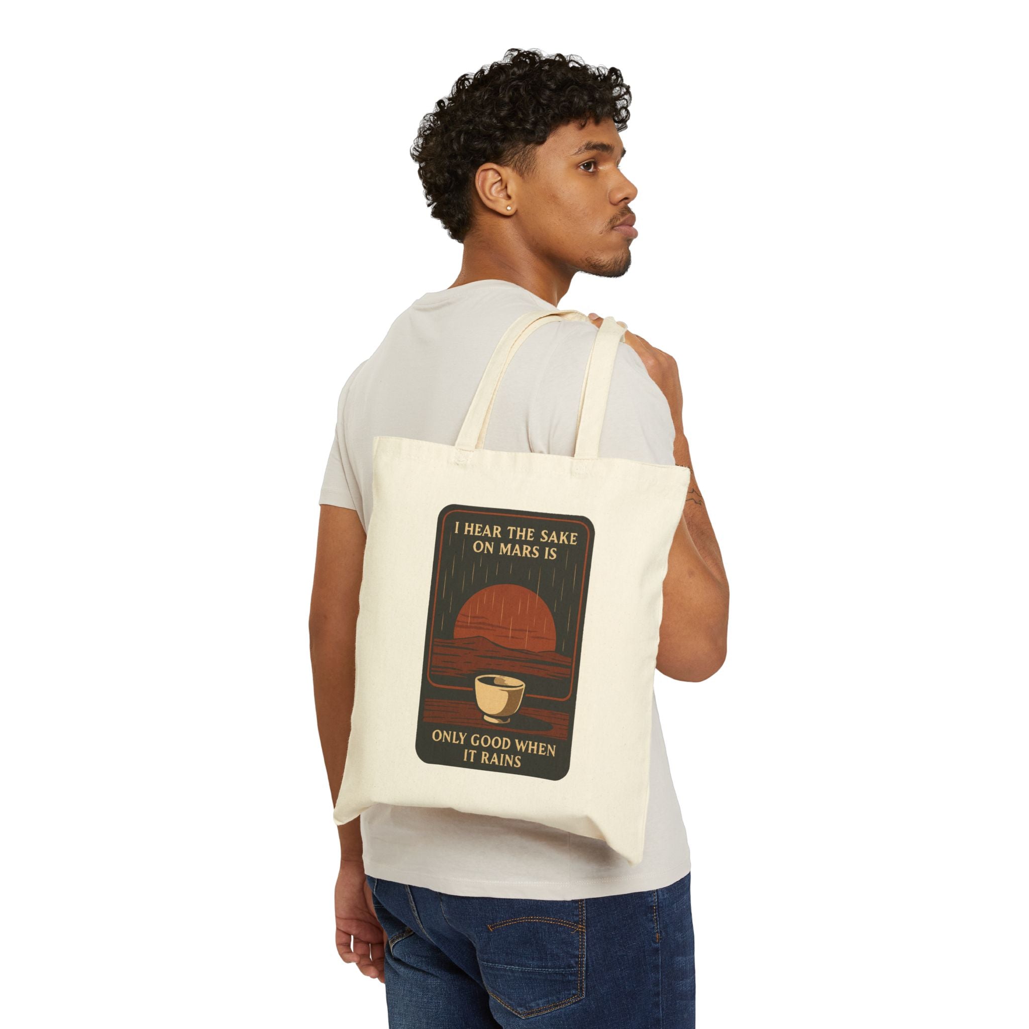 Sake on Mars Canvas Tote Bag - "I Hear the Sake on Mars is Only Good When It Rains" Retro Space Illustration