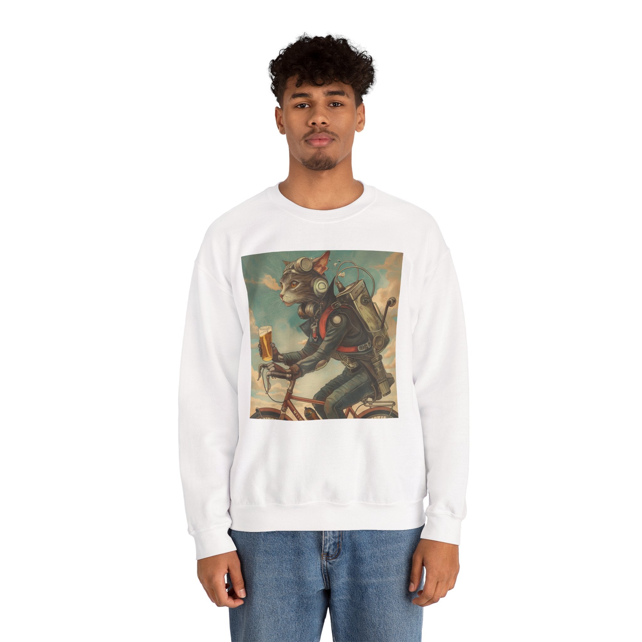 Cat Robot Bike Ride Unisex Heavy Blend Crewneck Sweatshirt