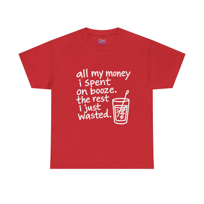 Humorous Alcohol Tee — "All My Money I Spent on Booze" Graphic T-Shirt