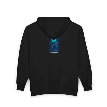 Brain Rot Energy Drink Can Zip Hoodie — Neon Retro Beverage Graphic Full-Zip Sweatshirt