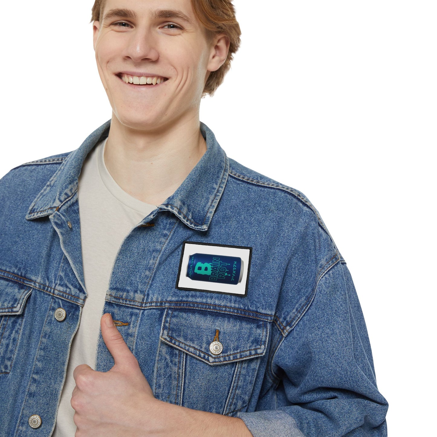 Brain Rot Soda Can Iron-On Patch — Retro Blue Beverage Can Patch for Jackets & Backpacks